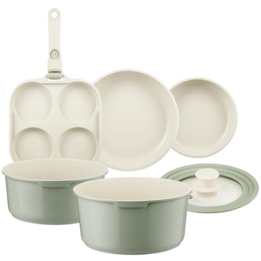 Camping Cooking Set Detachable Handle - Keramik-Topf- und Pfannen-Set Antihaftbeschichtet Grün, 7-teiliges