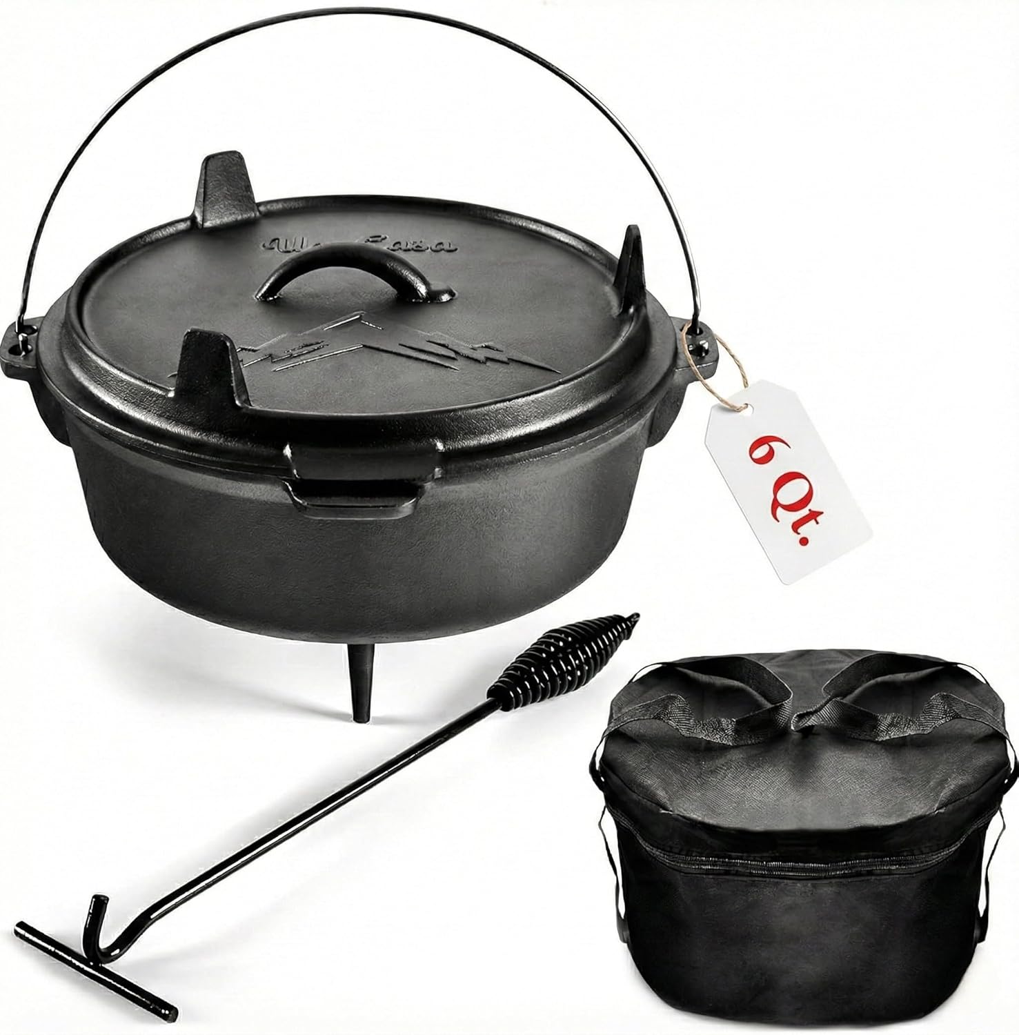 Camp Dutch Oven Cast - Vorgefertigter Gusseisen-Camping-Dutch-Oven (6 Qt) mit Deckelheber