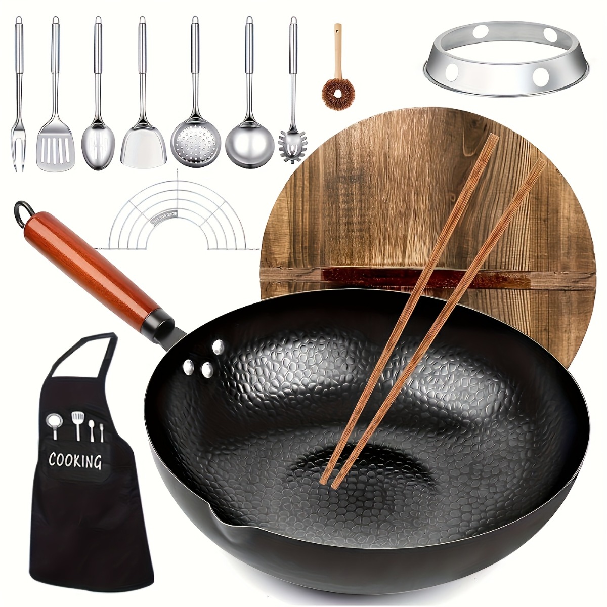 Camping Cooking Vegetables - 12,6 Zoll Gusseisen-Wok-Set, antihaftbeschichtete Wokpfanne mit