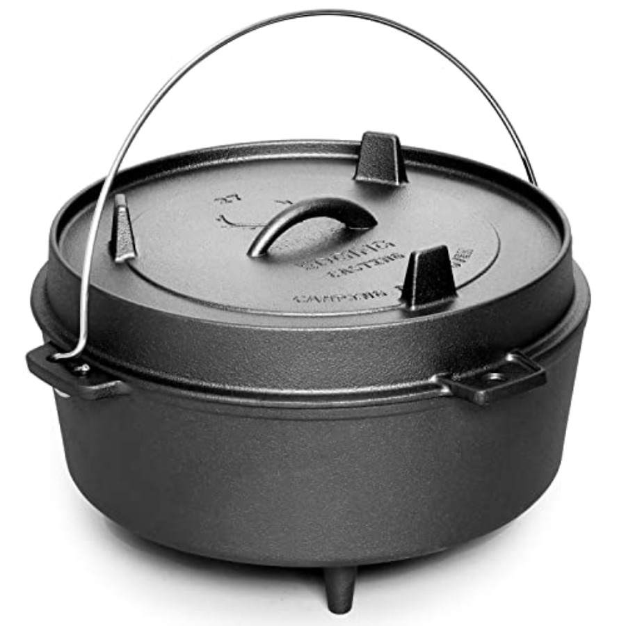 Camp Dutch Oven Cast - Vorgefertigter Gusseisen-Dutch-Oven mit Pfannendeckel, tiefer Topf