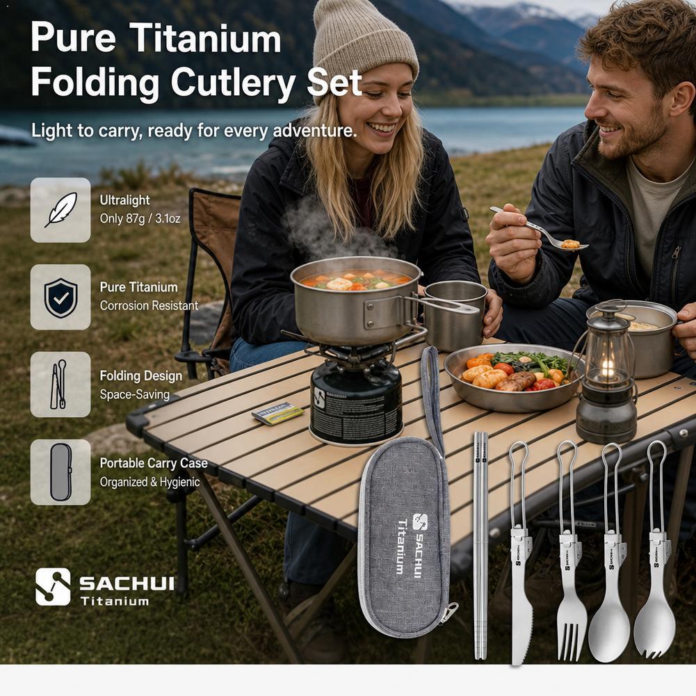 Camp Spork Set - Titan-Camping-Besteckset, faltbar, ultraleicht, Gabel, Löffel, Messer,