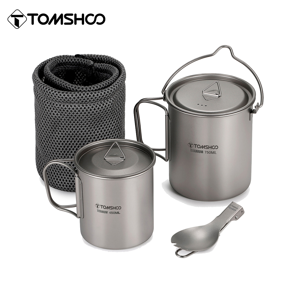 Camp Spork Set - Tomshoo 3-teiliges Titan-Kochgeschirr-Set, ultraleichter 750-ml-Topf, 450-ml-Wassertasse,