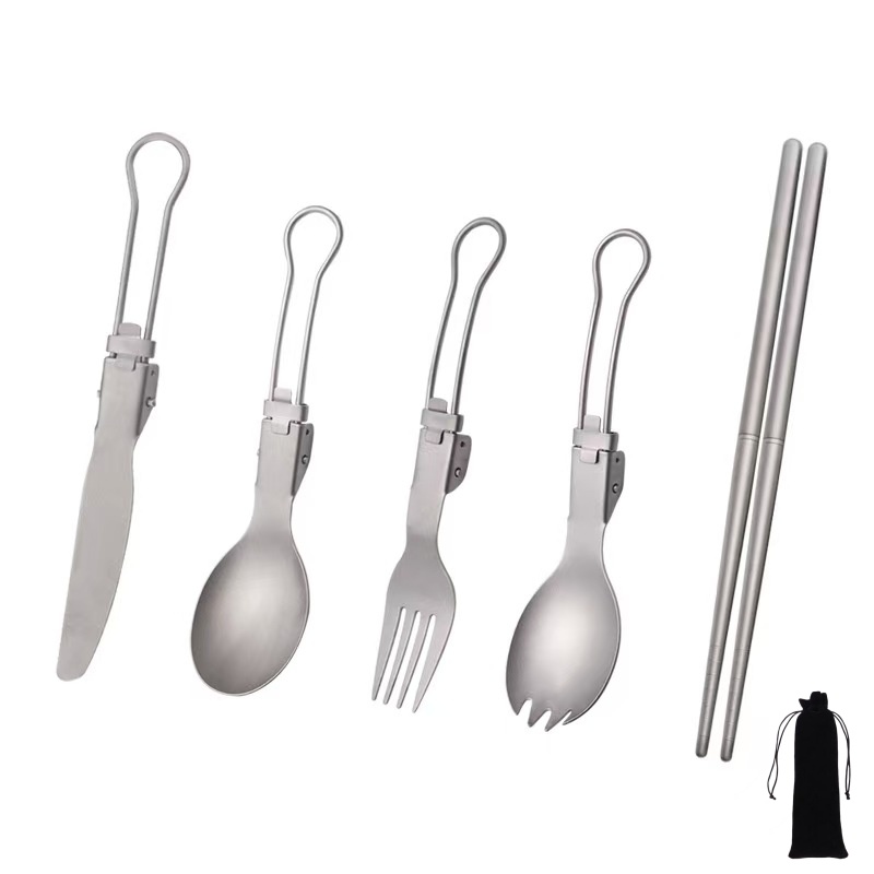 Camping Cooking Set Lightweight - Titan-Klappbesteck-Set mit Gabel, Löffel, Messer und