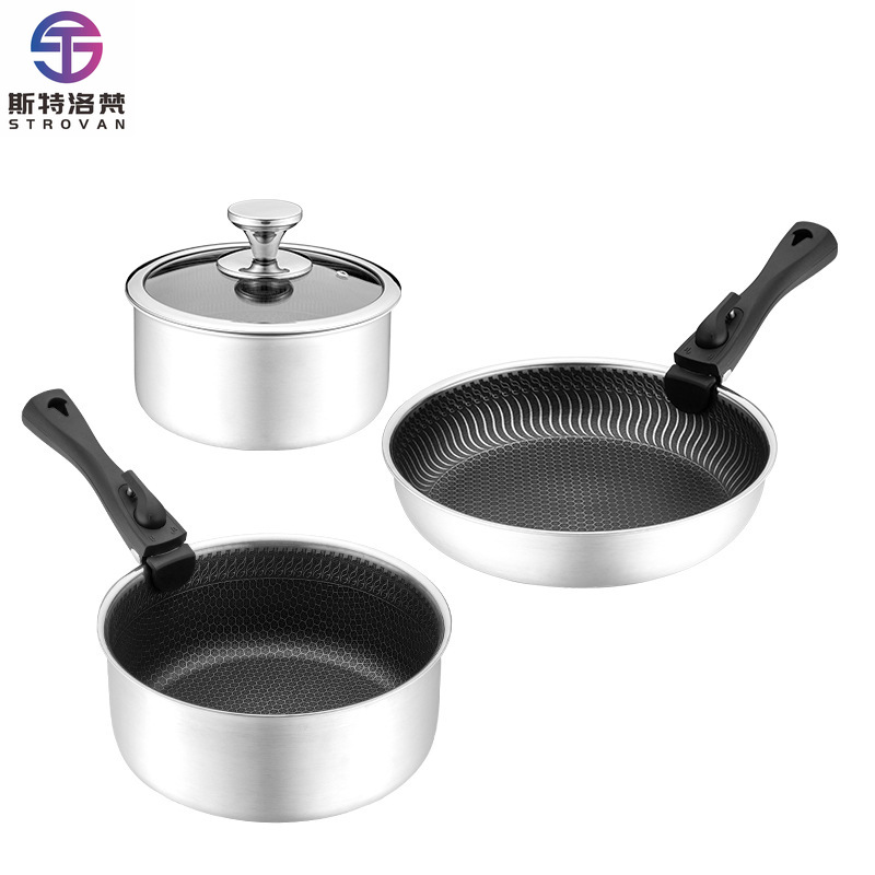 Camping Cooking Set Detachable Handle - 6-teiliges 3-lagiges Edelstahl-Kochgeschirr-Set, Hybrid, antihaftbeschichtet, Wabenstruktur,