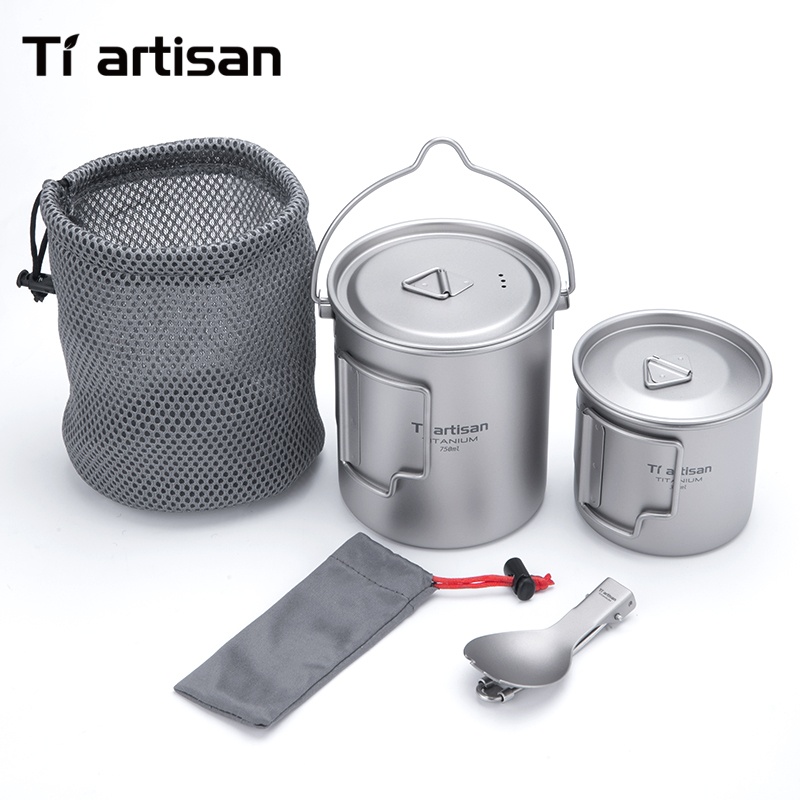 Camp Spork Set - Tiartisan Reines Titan Ultraleichtes Kochgeschirr-Set 3-teilig/5-teilig