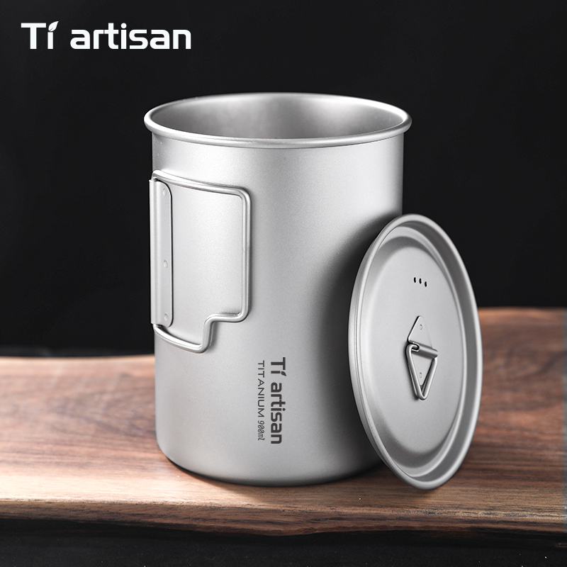 Camping Cooking Set Lightweight - Tiartisan 750ml/900ml Titan-Campingbecher mit Klappgriff, Großer