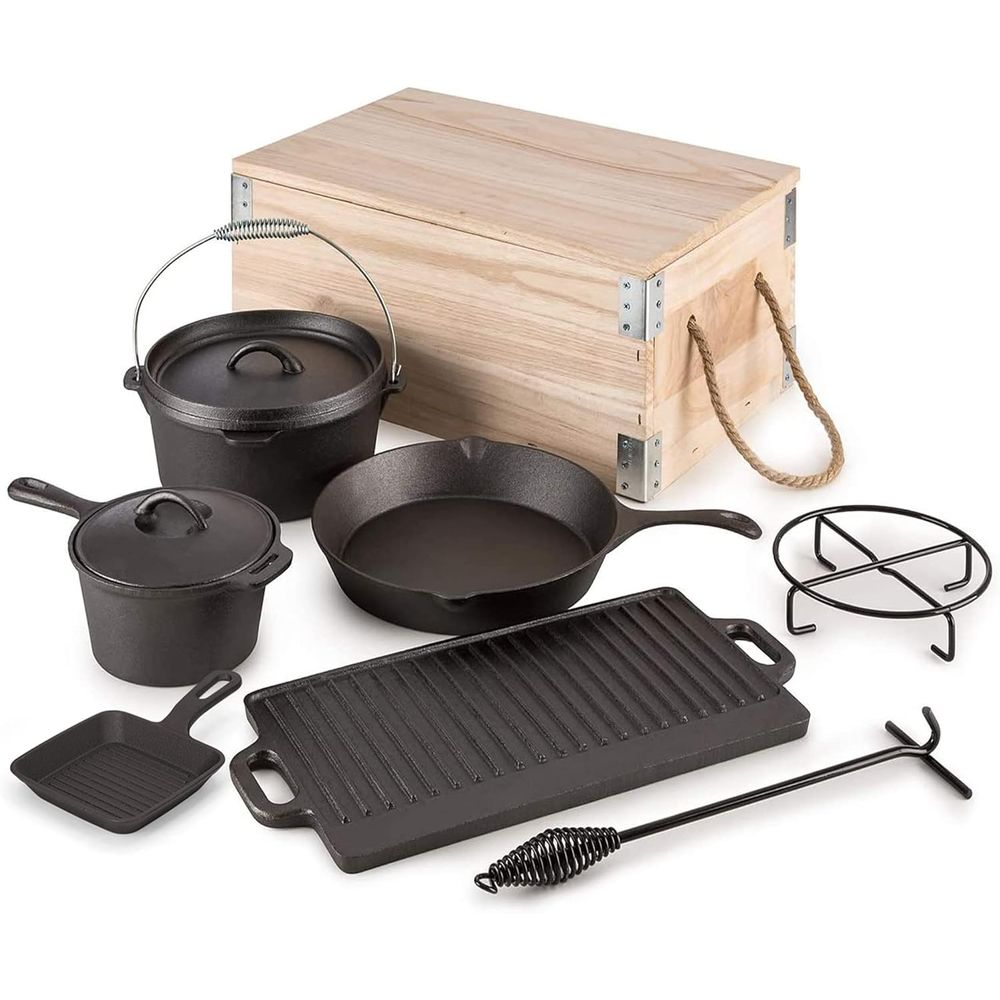 Camp Dutch Oven Cast - 8-teiliges Vorgefertigtes Gusseisen-Kochgeschirr-Set für Camping und