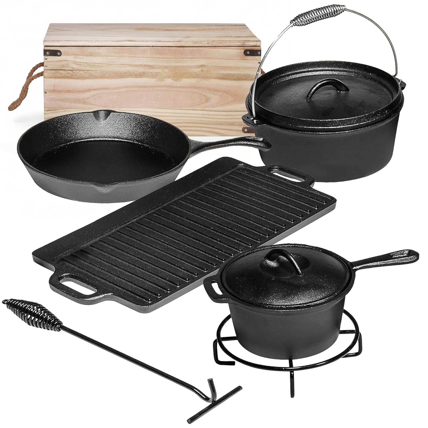 Camping-Kochset mit 7 Teilen.  – Camp Dutch Oven Cast Bewertung und Preis